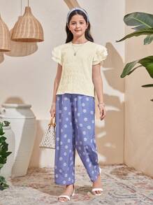 SHEIN Tween Girls Textured Woven Round Neck Ruched Ruffle Trim Cap Sleeve Fitted Casual Top, Resort Style, French Elegant, Suitable For Spring Outing & Vacation