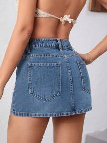 SHEIN Frenchy 女士休闲洗水做旧牛仔中长裙，夏季