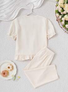 2pcs/Set Young Girl Simple Fashion Ruffled Splice Short Sleeve Top And Pants Pajama Set Sleep Wear S Set Sleep Wear Set Pajamas Set - Apricot - View 2