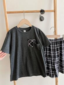 2pcs/Set Dozemod Kids Tween Boys Summer Casual Plaid Shorts & Loose Fit Round Neck Short Sleeve Tee Pajama Set - Dark Grey - View 2
