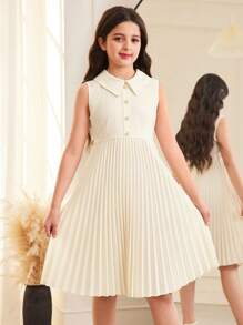 SHEIN Conjunto de 2 piezas para niñas preadolescentes que incluye un vestido cruzado con cuello Peter Pan, botones delanteros y cinturón de corbata, talla grande una prenda exterior