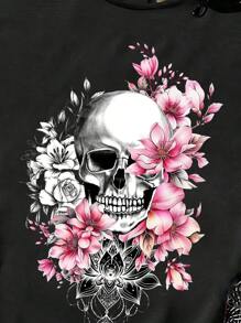 EMERY ROSE 休闲花卉和骷髅图案修身圆领交叉后背背心，女式大码夏季 - 黑色 - 查看 4