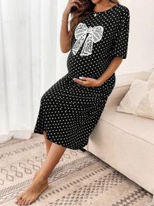 SHEIN Black And White Polka Dot Maternity Midi Dress With Lace Bow Detail And Short Sleeves - Black and White - View 6