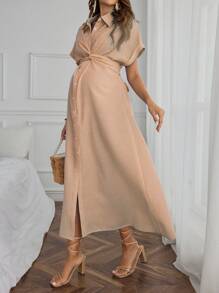SHEIN Abito camicia estivo da donna in gravidanza, a tinta unita, con maniche a pipistrello attorcigliate e chiusura anteriore con bottoni