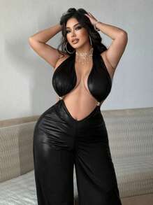 Flirla 大码女式纯色镂空性感褶皱吊带连体裤 - 黑色 - 查看 1