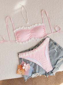 Swim Mod Bikini Set Contrast Lace Textured, Pink Girly Series Contrast Lace Trim For Summer Beach Vacation - Pink - View 5