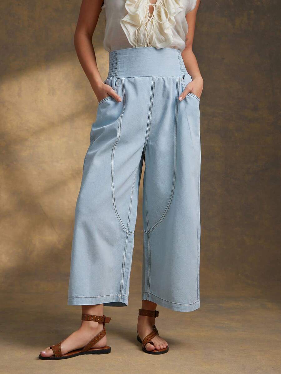 WESTFADE High Rise Wide Smocked Waistband Jeans Spring Summer Vacation - Light Wash - View 1