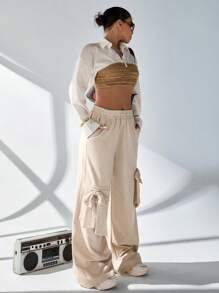 EURMUSE French Terry Pants, Ribbon Pants, Causal, Pretty Style, Pants - Beige - View 6