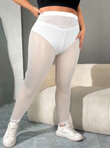 SHEIN PETITE CURVE Plus Size Sheer Mesh Leggings, Solid Color, Fashion, Suitable For Summer - White - View 5
