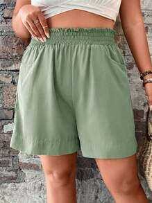EMERY ROSE Plus Size Solid Color Casual Shorts, Fashionable For Summer Summer Outfits For Women Shorts For Women Summer Outfits For Women - Mint Green - View 4