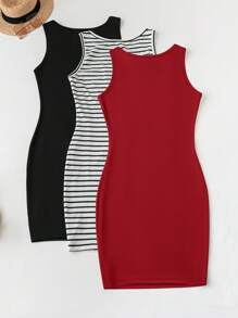 SHEIN LUNE 3 件套大码休闲简约连衣裙套装，适合户外和家居穿着节日老钱夏季外出春季女士服装夏季波西米亚风老钱女士夏季服装圣帕特里克节服装复活节夏季服装女士春季服装海滩圣帕特里克复活节女士休闲套装 - 紅色 - 查看 2