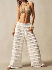 Bohemela Boho Autumn/Winter Outerwear, Women's Casual Vacation Style Solid Color Knit Lace Frill High Waist Wide Leg Pants, Casual For Beach Vacation, Western Country Style Concert Vacation, Suitable For Vacation & Daily Wear & Back To School, Halloween, Christmas - White - View 6