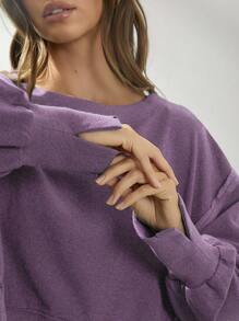 WESTFADE Cute Crewneck Split Hem Exposed Seam Boxy Long Sleeve Cropped Cotton Sweatshirt - Purple - View 2