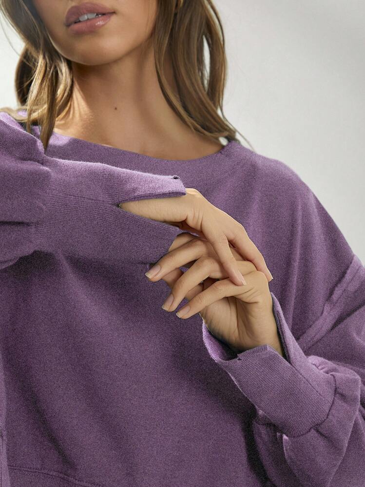 WESTFADE Cute Crewneck Split Hem Exposed Seam Boxy Long Sleeve Cropped Cotton Sweatshirt - Purple - View 2