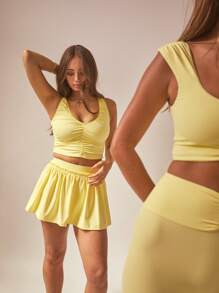 Aralina Women's Solid Color Ruched Tank & Mini Skirt Workout Set - Yellow - View 1