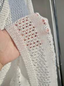 SHEIN EZwear Plus Size Women Solid Color Tie Front Hollow Long Sleeve Sweater - White - View 6