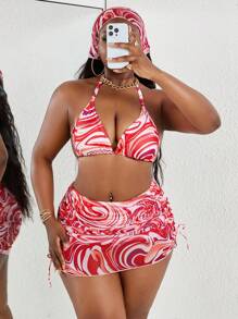 Slaydiva Plus Size 4pcs Women Random Print Halter Thick Strap Triangle Bikini Set With Matching Print Drawstring Skirt And Hat, Fashionable Sexy Casual Holiday Swimwear For Summer Beach Vacation - Multicolor - View 3