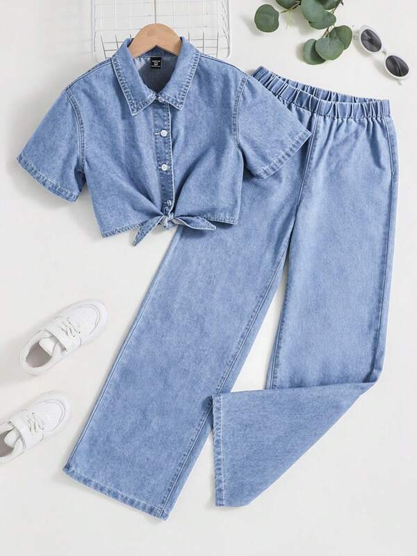 SHEIN Conjunto de mezclilla cómodo y casual para vacaciones de primavera/verano para niña preadolescente