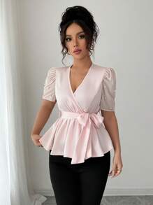 Elenzga Blusa elegante de verano con manga abullonada, cuello en V y lazo, en color rosa perla - Rosa - Ver 6