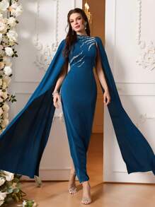 Modelyn 女士优雅水钻装饰斗篷袖连衣裙 - 水鴨藍 - 查看 3