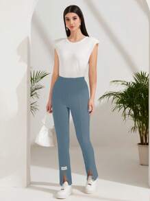 Mulvari Quần legging dài xẻ gấu màu trơn đơn giản đa năng - Màu xanh lam - Xem 4