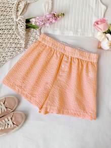 Comfortcana Celana Pendek Wanita Kasual Bergaris dengan Pinggang Elastis, Musim Panas - Burnt Orange - View 5