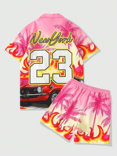 Men's Racing Car & Flame Print Front Button Short Sleeve Shirt And Drawstring Waist Shorts Set, Vacation