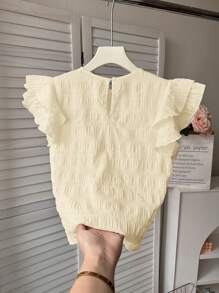 SHEIN Tween Girls Textured Woven Round Neck Ruched Ruffle Trim Cap Sleeve Fitted Casual Top, Resort Style, French Elegant, Suitable For Spring Outing & Vacation