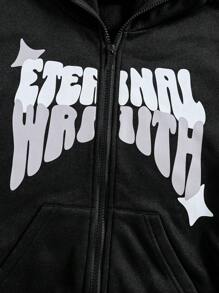 SHEIN Explorewe 青少年女孩连帽时尚图案印花羊毛套头衫，暗黑朋克街头时尚秋冬款 - 黑色 - 查看 5