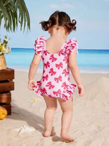 Baby Girl Cute Bow Decor & Ruffle Edge Printed Swimsuit - Pink - View 3