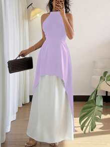 Gloray Elegant Lavender Summer Tea Party Women's Suit,X-Design Collar Sleeveless Short Front Long Back Halter Shirt With White Elastic Waist Long Dress - Purple - View 3