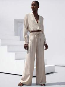 Aveloria Modichic New Fashionable High-End Chinese Style Oblique Button Strap Waist Linen Shirt Paired With Wide Leg Pants Casual Elegant 2 Pieces Set For Women Elegant Business Casual Women  - Khaki - View 4