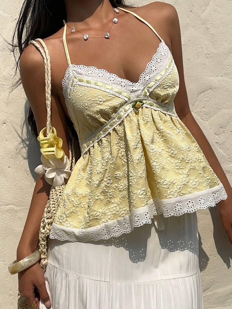Sunnyshic Áo hở lưng ren dễ thương cho nữ - Màu vàng - Xem 1
