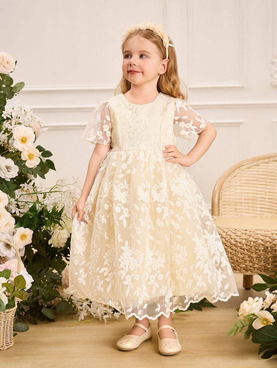 SHEIN Glamorique Kids 女孩花卉网纱蛋糕设计礼服，化装派对礼服，四季皆宜 - 杏色 - 查看 1