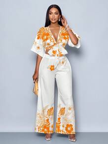 SOLERSUN Women's Spring/Summer Vacation Style Floral Print Butterfly Sleeve Crop Blouse & Wide Leg Pants Two Pieces Set - Orange - View 4