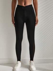 RueChic Contrast Mesh V-Cut Waist Leggings - Black - View 3