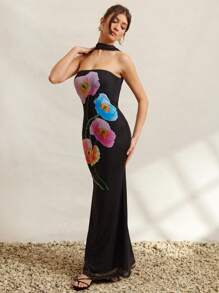 L'Amorae Elegant Strapless Black Floral Summer Party Mesh Maxi Dress,Women's Large Floral Print Vacation Outfits With Drape Cowl Back And Neck Scarf Detail - Black - View 4