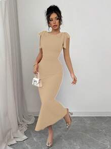 Chiquease Elegant Red Dress With Bowknot Strap, Fitted Waist, Ruched Mermaid Hem, Women - Apricot - View 3