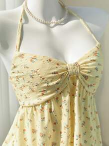 Elamini Yellow Ditsy Floral Hollow-Out V-Neck Cute & Sexy Backless Cropped Camisole, Spring/Summer