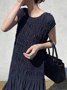 FRIFUL Vestido feminino sem mangas com franzido e cintura franzida assimétrica, vestido elegante de cor sólida, verão, babados - Azul marinho - Ver 6
