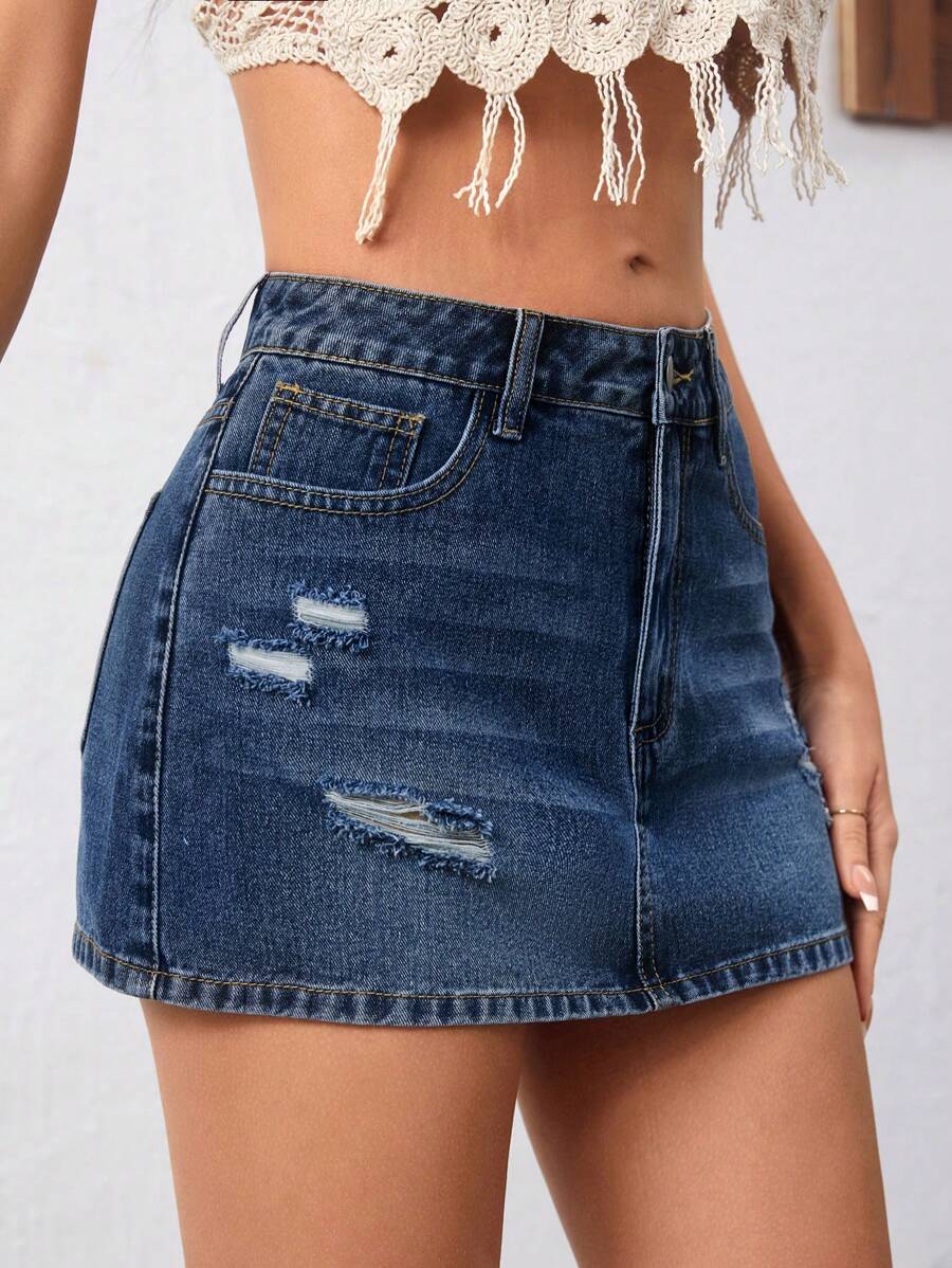 SHEIN Essnce Women's Summer Casual Washed Ripped Denim Mini Skirt - Dark Wash - View 1