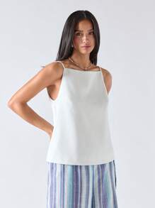 LYSMO Women's Spring And Summer Backless White Vacation Style Top, Solid Color Loose Lace Cami Top Bow, Simple, Advanced, High-Quality Fashion Commuting, One-Shoulder Hollow Cami Top