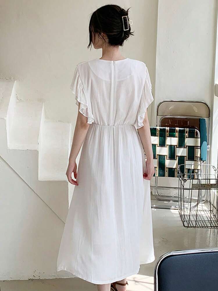 Women's Solid Color Round Neck Ruffle Sleeve Long Dress, White, Elegant Spring/Summer,Casual Women Dresses