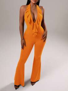 Zolique Women's V-Neck Ruffled Trim Sleeveless Slim Elegant Coffee Jumpsuit - Orange - View 3
