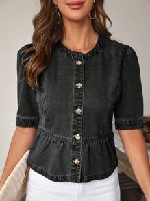 EMERY ROSE Women's Casual Daily Denim Jacket With Ruffle Hem And Front Buttons - Dark Grey - View 4