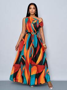 SOLERSUN Spring And Summer New Elegant Commuter Casual Asymmetrical Shoulder Short Sleeve Large Waist Artsy Print Beach Vacation Date Travel Women Dress (Random Floral) - Orange - View 7