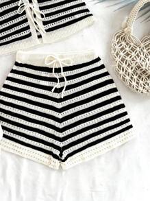 Soleia 女士条纹无袖针织短款上衣和短裤套装，简约时尚 - 黑與白 - 查看 4