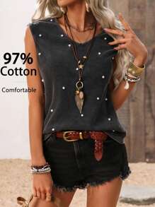 SHEIN LUNE Parte superior sin mangas casual con cuello en V y cuentas lavadas para mujer, ideal para festivales de música, uso diario, tops de verano, tops cortos, camisas, vacaciones, salidas, playa, estilo occidental, conciertos, festivales bohemios, punk, fiesta