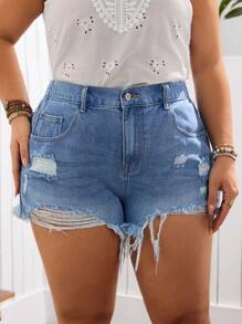 SHEIN LUNE Plus Size Casual Washed Distressed Denim Shorts - Light Wash - View 1