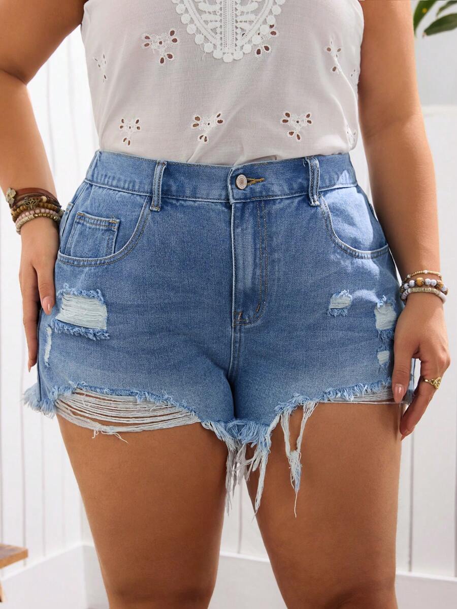 SHEIN LUNE Plus Size Casual Washed Distressed Denim Shorts - Light Wash - View 1